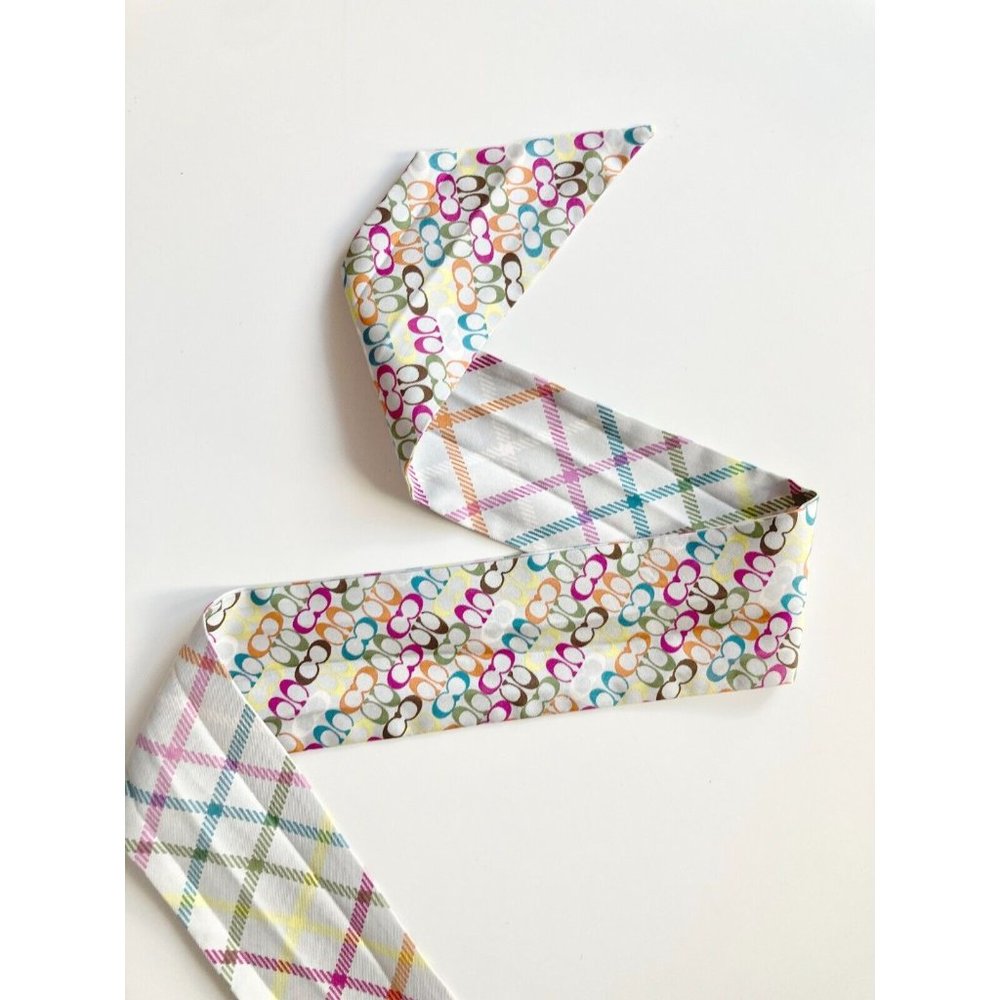 COACH Multi Color Logo Check Print Silk Twill 34" x 2.5" Twilly Skinny Scarf - Picture 6 of 9